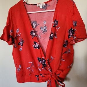 Nine Britton Red Floral Tie-Front Blouse